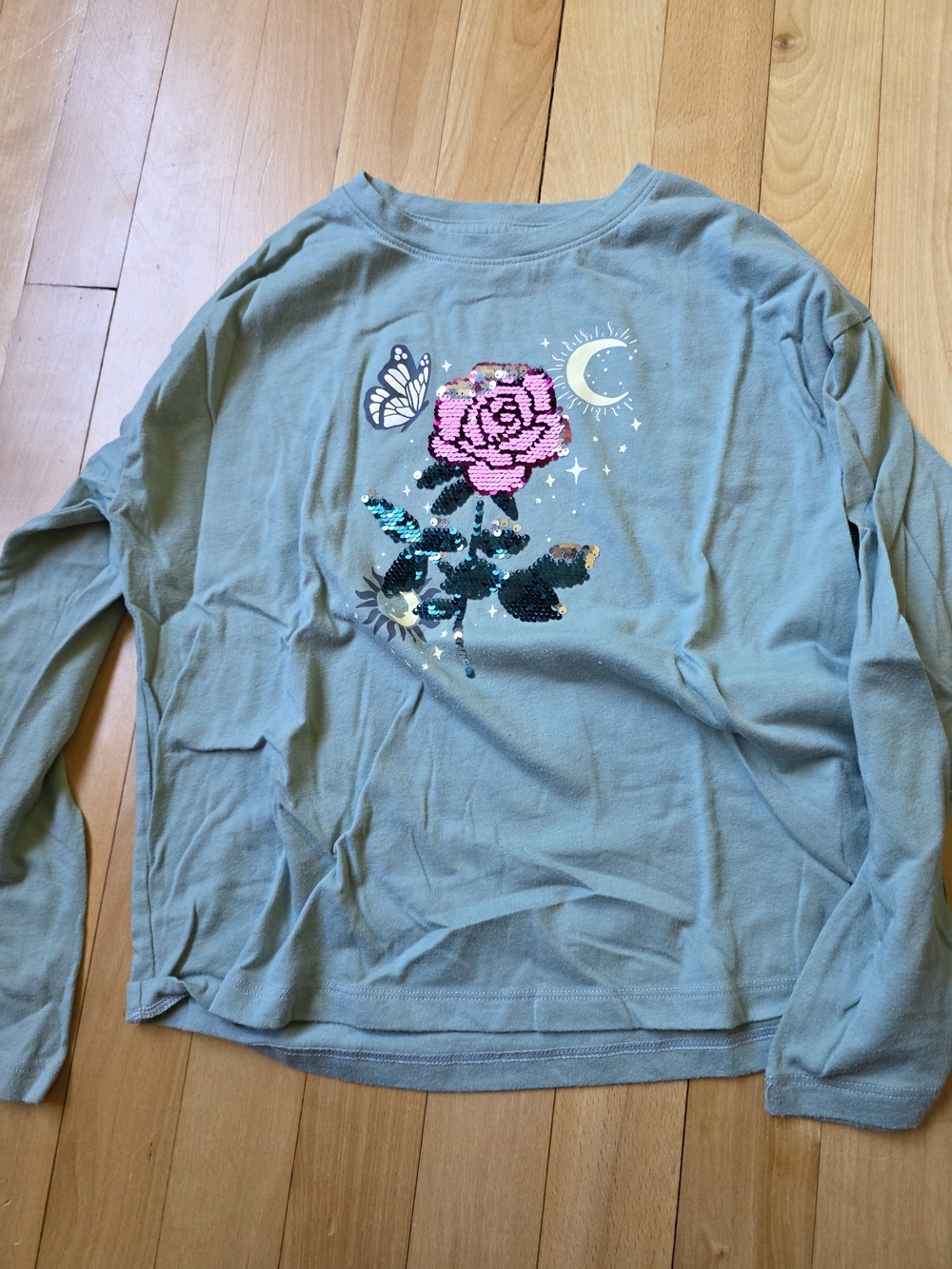 wonder nation Sage Green Long-Sleeve Sequin Rose Tee